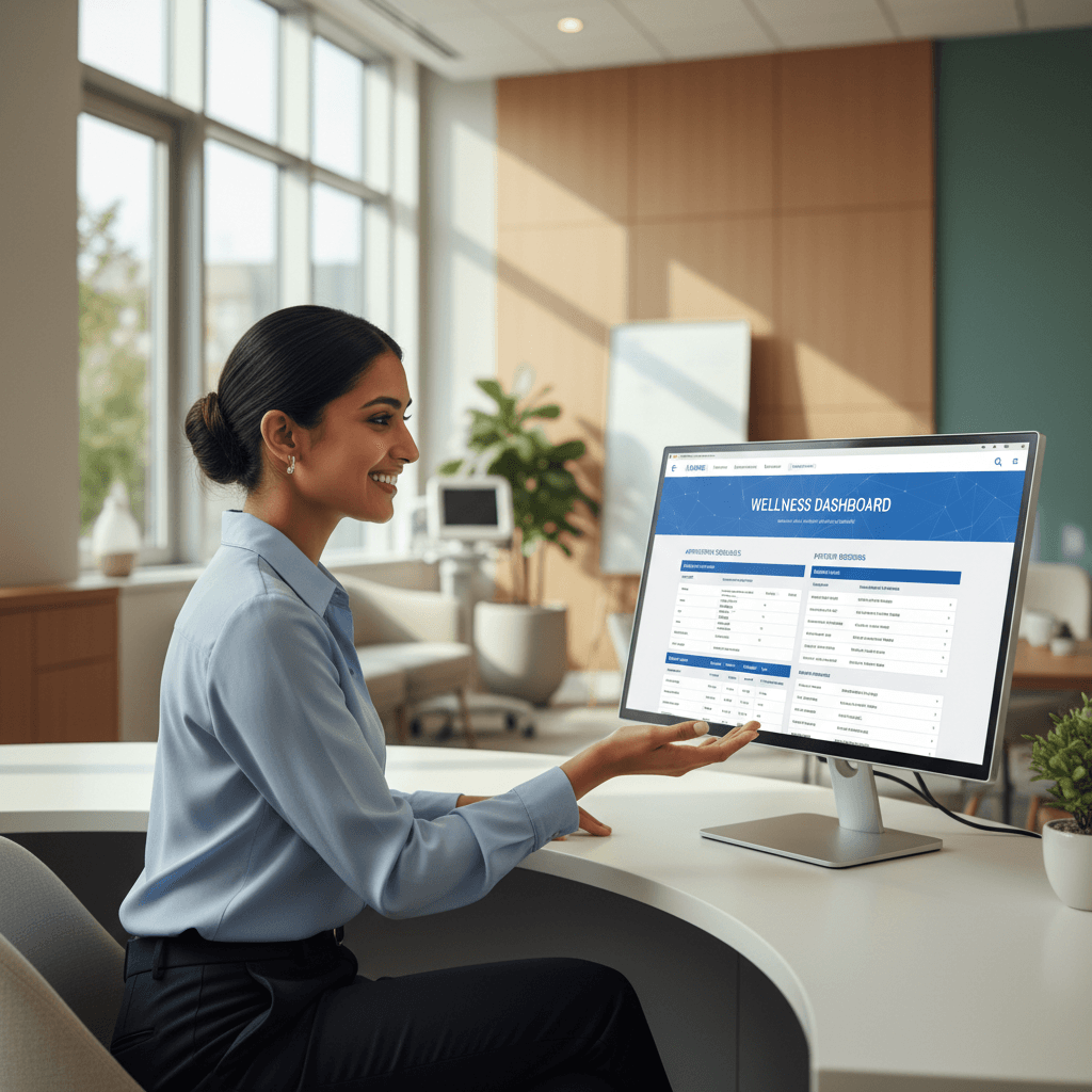 Clinic administrator using MINOVATION healthcare software at desk