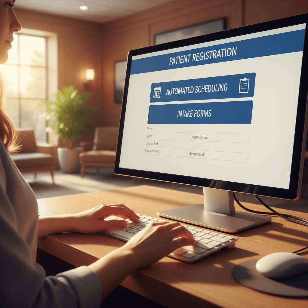 Clinic receptionist typing at a keyboard with automated scheduling screen